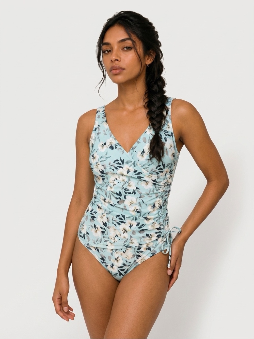Floral V-Neck Light Blue One-Piece Swim Suit